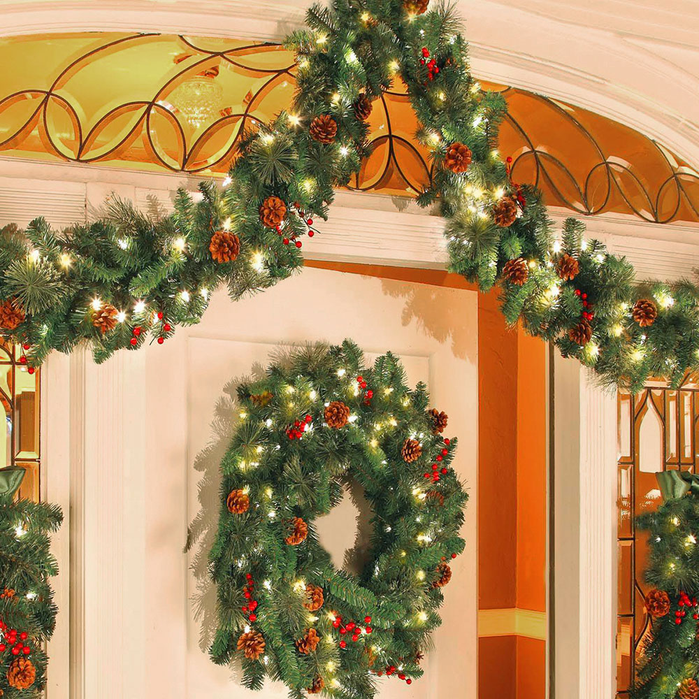1.8/2.7m jul kunstig krans krans fyrretræ diy hængende ornament juletræ år pejs dekoration