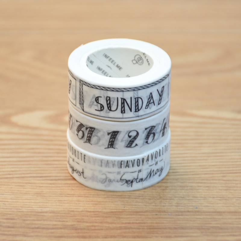 Washi Tape-paquete de 3 rollos para planificador, pegatinas para álbum de recortes, número de mes y semana, 1,5 cm x 7m, negro y blanco