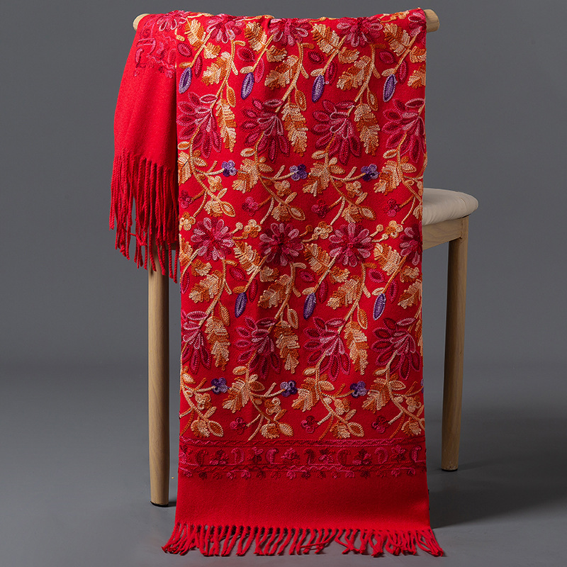 Bufanda de Cachemira con bordado Floral de lujo para mujer, chal cálido de invierno, Pashmina suave y grueso, Foulard, manta con borlas para mujer, bufandas: Rojo