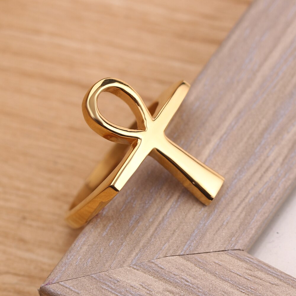 Oude Egypte Ankh Goud Kleur Vintage Cross Ring Voor Vrouwen Amulet Mode Ring Sieraden Punk Etnische Religie Kerstcadeaus