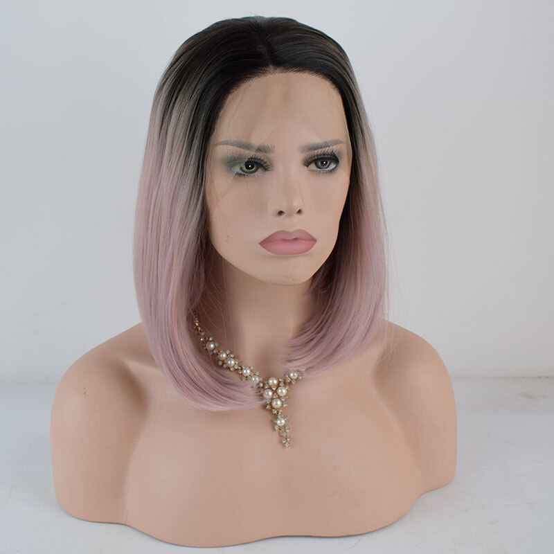Bombshell Korte Rechte Bob Synthetisch Haar Lace Front Pruik Zwart Ombre Roze Hittebestendige Vezel Haar Middelste Deel Voor Vrouwen pruiken