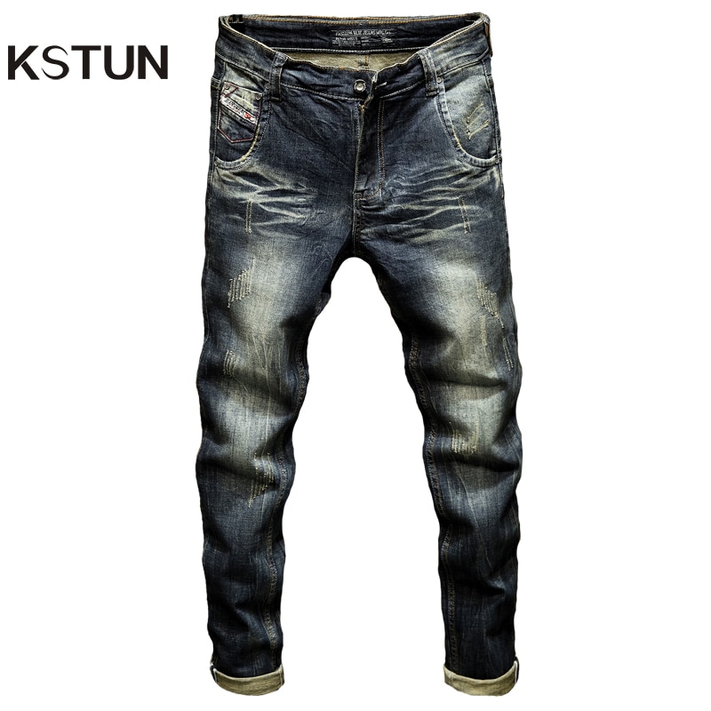 Heren Donkerblauwe Jeans Broek Denim Slim Fit Elastische Casual Punk Jeans Mannen High Street Vintage Gekrast Mode Zakken