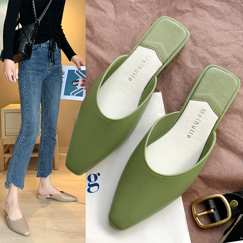 Spetsiga tå mulor kvinnor sommar tofflor godis färg flats slip-on dam sandaler slides pu kvinnor skor