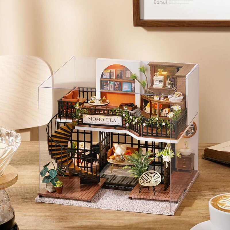 Handgemaakte Houten Poppenhuis Kit Miniatuur Met Meubels Lichten Bos Thee Koffie Winkel Casa Diy Villa Poppenhuis Speelgoed Volwassenen