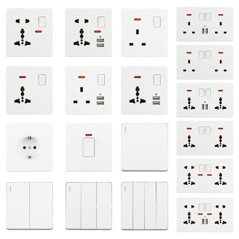 Universal Socket With 2.1A Dual USB 3 5 Hole 13A Wall Power Socket 2 Pin 3 Pins White Plastic Frame Phone Holder DE EU FR Outlet