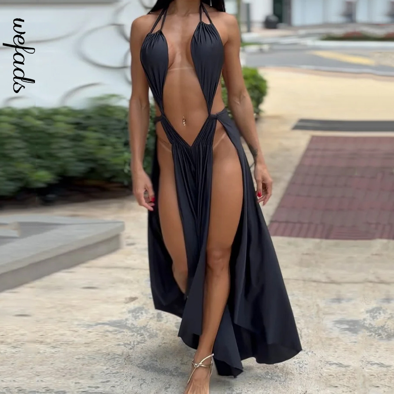 Wefads Jumpsuit Women's Summer Clothing Sexy Solid Sleeveless Halter Neck Backless Lace Up Slit Hollow Out Rompers Streetwear: XS / black