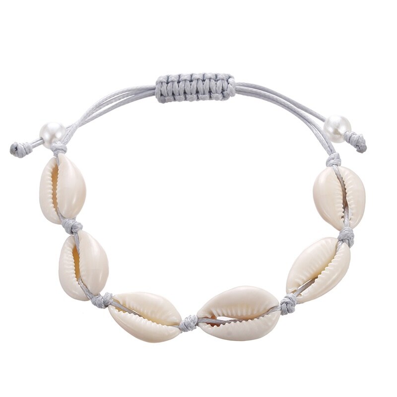 Boheme naturlig sea shell armbånd ankel hånd strik reb elastisk beaded pulseira diy strand smykker tilbehør sommer kvinder: Grå hvid