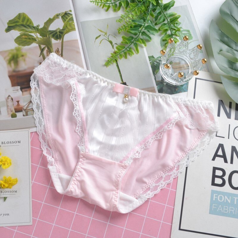 Leechee Japanese Girl Lace Panties Pearl Mercerized Milk Silk Underwear Bow Knot Cute Shorts Low Waist Breathable Women Briefs: pink / XL