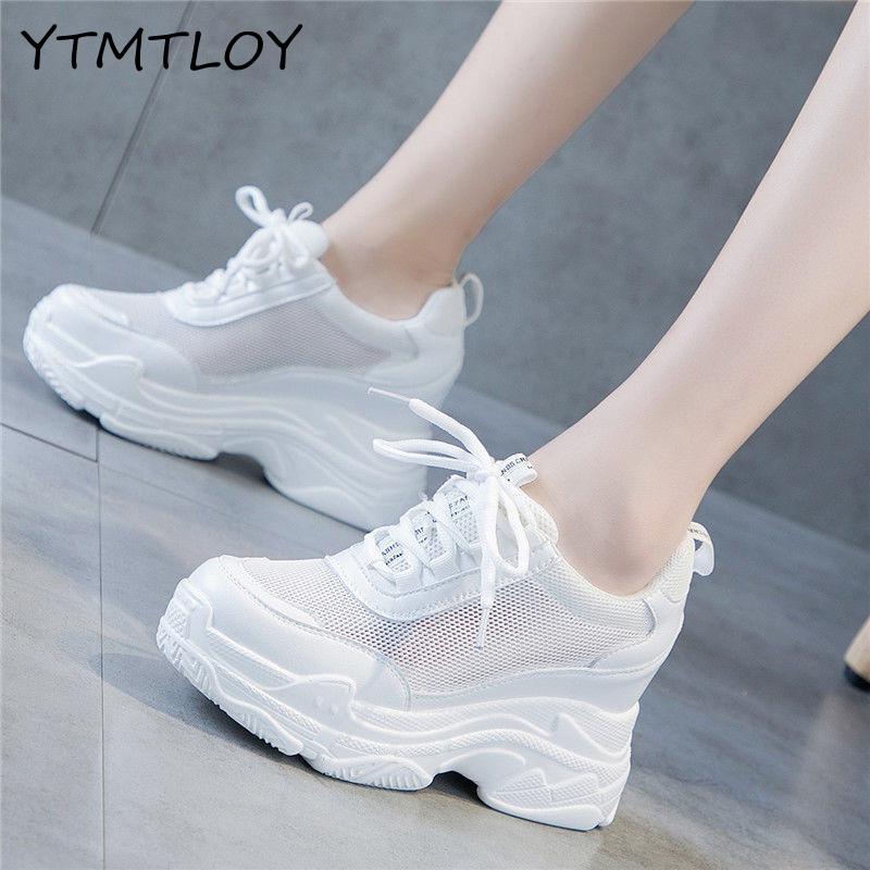 Women Wedge Platform Rubber Brogue Lace Up High heel Shoes Increasing White Silver Sneakers Zapatos De Mujer Plataforma