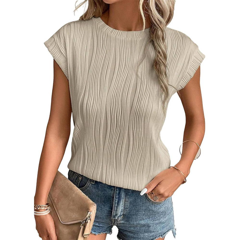 Womens Short Sleeve Textured Tops Crewneck Knit Solid Loose Casual Basic T Shirts Tee Blouses: XL / Khaki