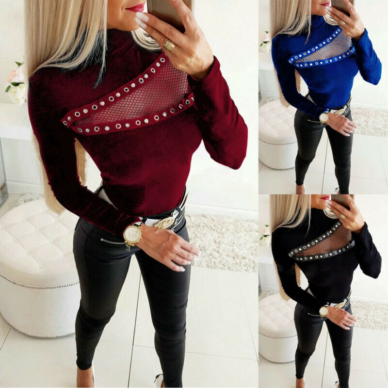 Women High Neck Tops Ladies Long Sleeve Slim Fit T Shirt Blouse Tee Plus Size