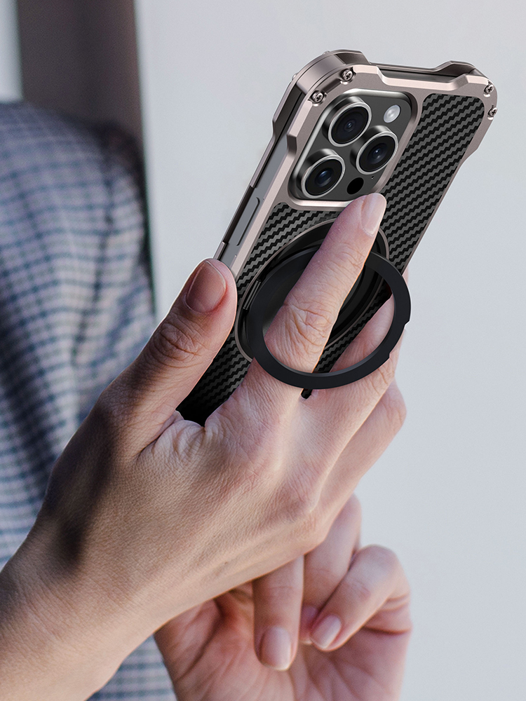 R-just Metal Carbon Fiber Case For Iphone 15 16 14 13 Pro Max Cover Lightweight Aluminum Alloy Funda Coque Built-in Holder Ring