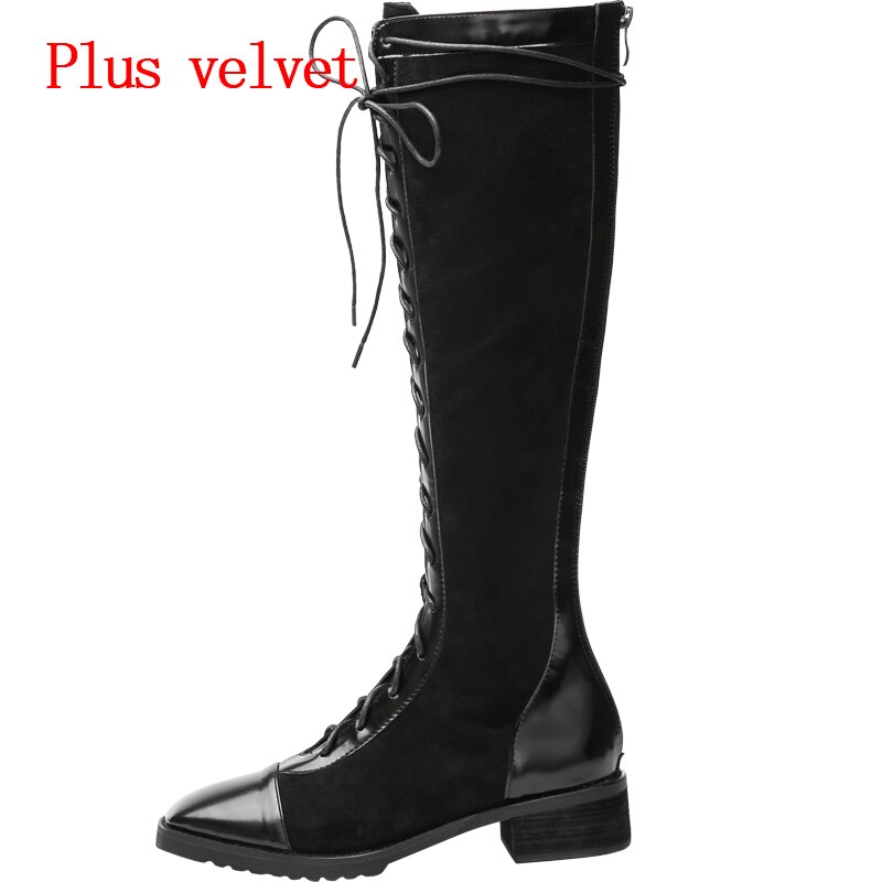 Automne bottes hautes pour femmes dos fermeture éclair microfibre cuir Plus velours chaussures pour femmes talon carré romain chevalier botte grande taille 42: Black Plus velvet / 40