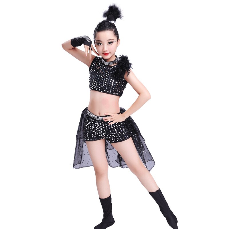 Barn jazz dans kostym navel exponerad barn modern scen shower kläder paljetter flickor pojke hip hop dans kostymer outfit