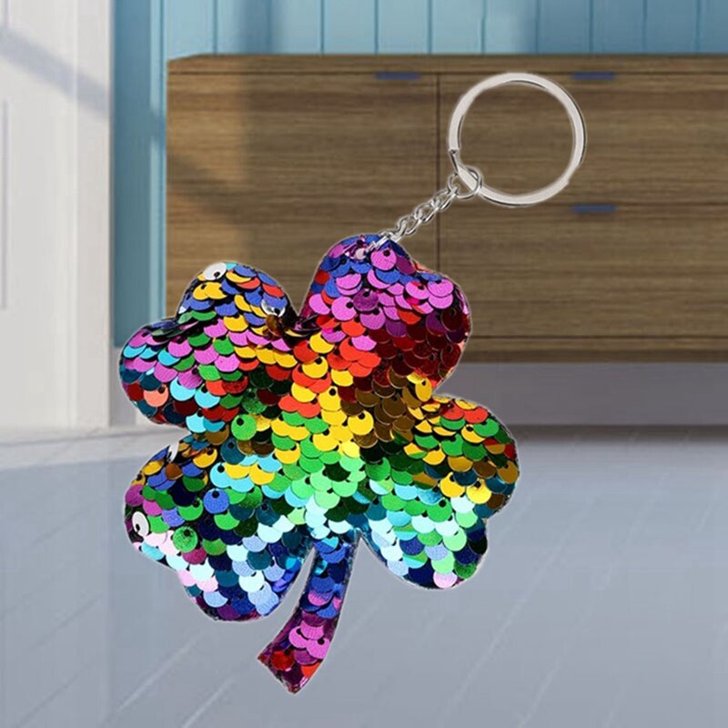 2 Pcs Klavertje Vier Sleutelhanger Sleutelhanger Glitter Pompom Pailletten Sleutelhanger -Blauw & Kleurrijke