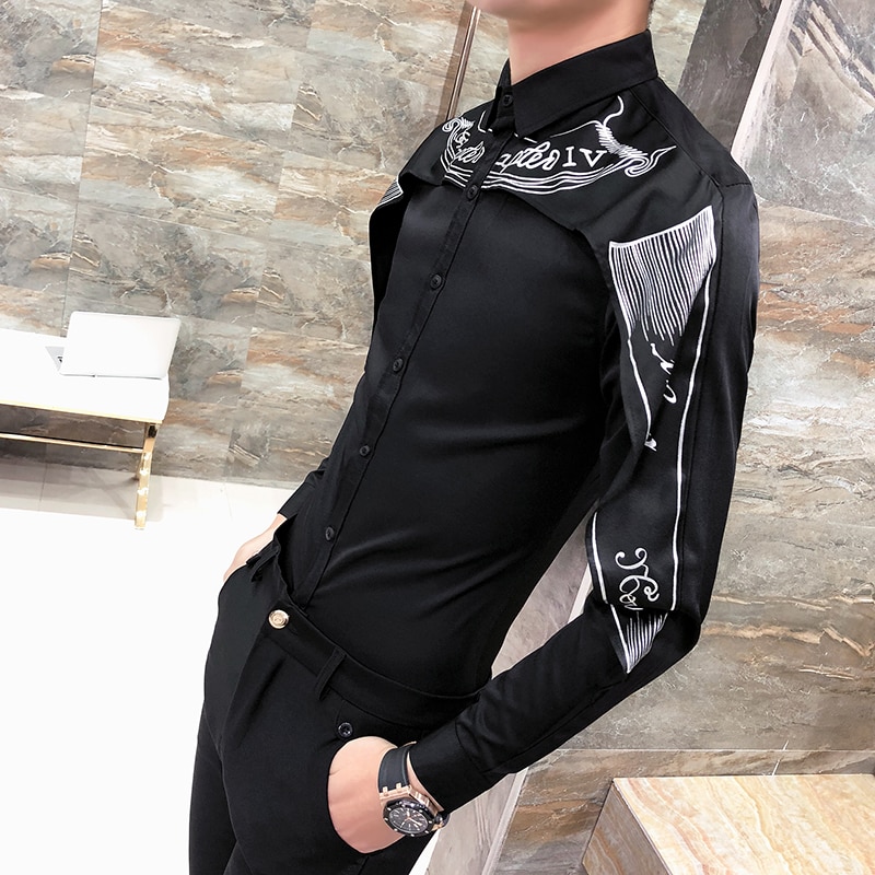 Skjorte koreansk langærmet slim fit gotisk skjorte camisa mænd bryllupsskjorte patchwork skjorte sort hvid