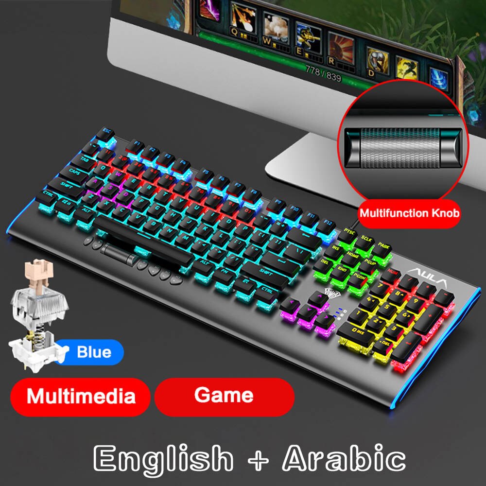 AULA F2099 104-key macro definition gaming laptop desktop multimedia rotary button mechanical gaming keyboard keyboard: F2099 Arabic / Black Switch