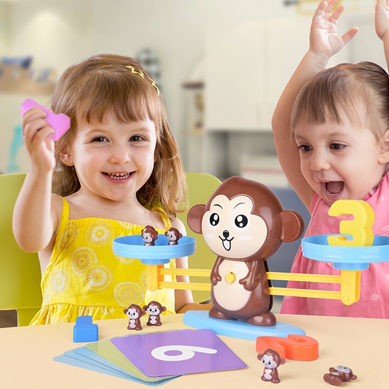 QWZ Montessori Math Match Game Toys Monkey Puppy Balancing Scale Number Balance Games Baby Learning Toy Animal Action Figures