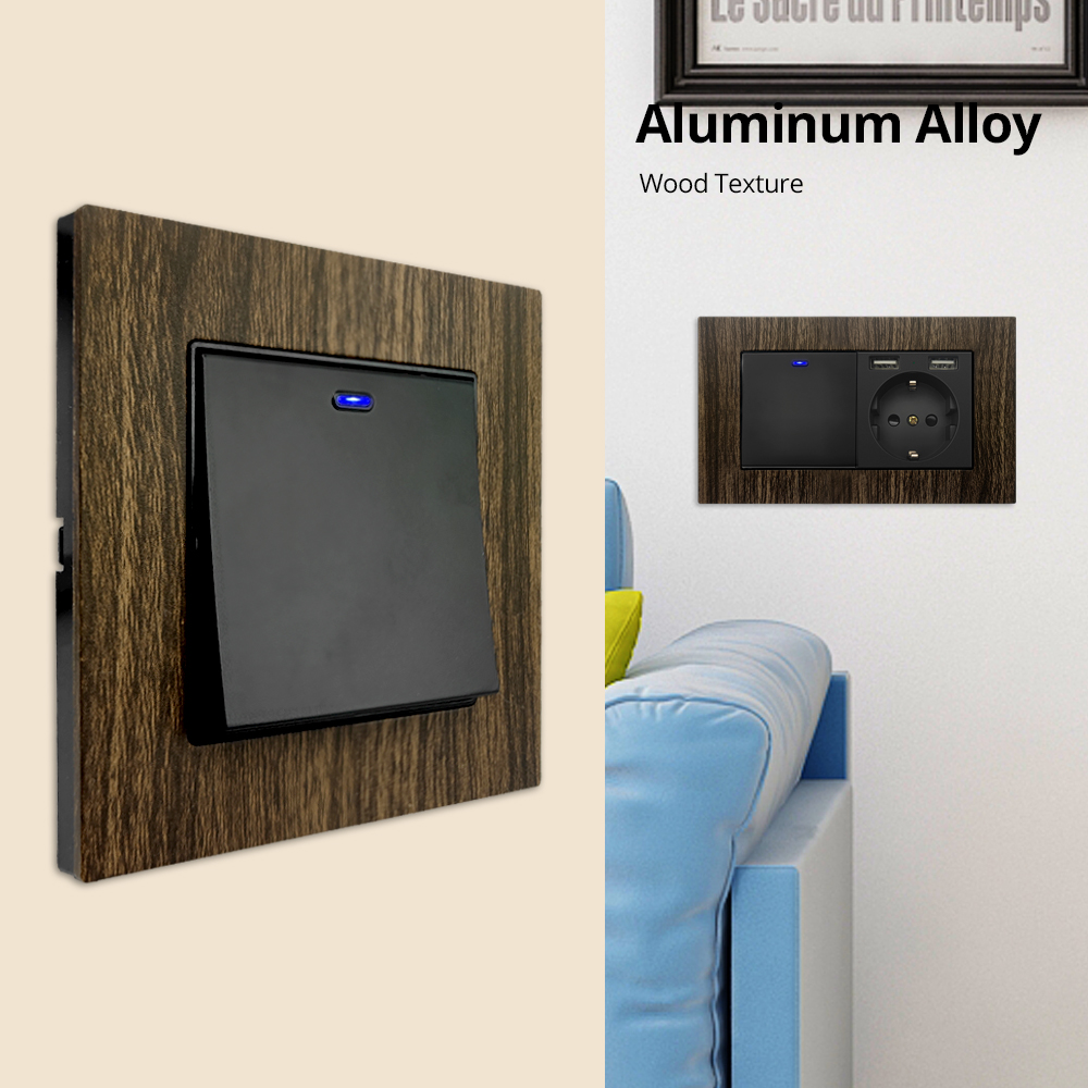 Wallpad Trestruktur Veggkontakt - 1/2/3 Gang 2 Veis Lysbryter med LED Dimmer & USB EU Stikkontakt - 146x86mm