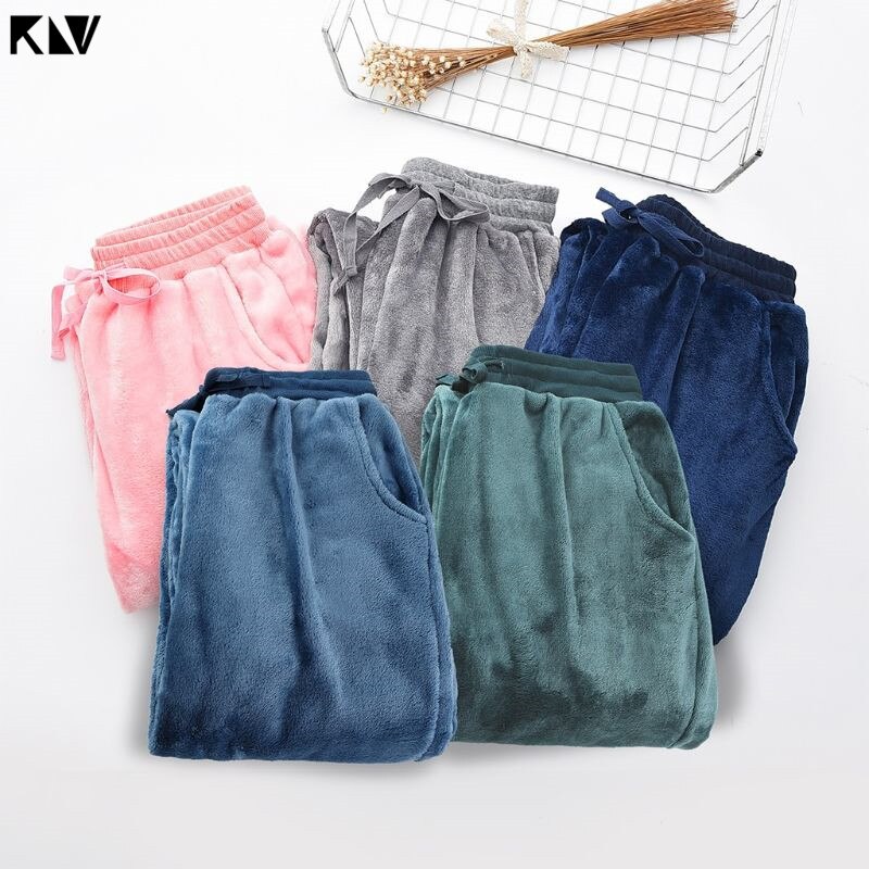 KLV Women Men Autumn Winter Pajamas Pants Lounge Wear Pajamas Thicken Loose Coral Fleece Pants Sleep Pajamas Lounge Pants