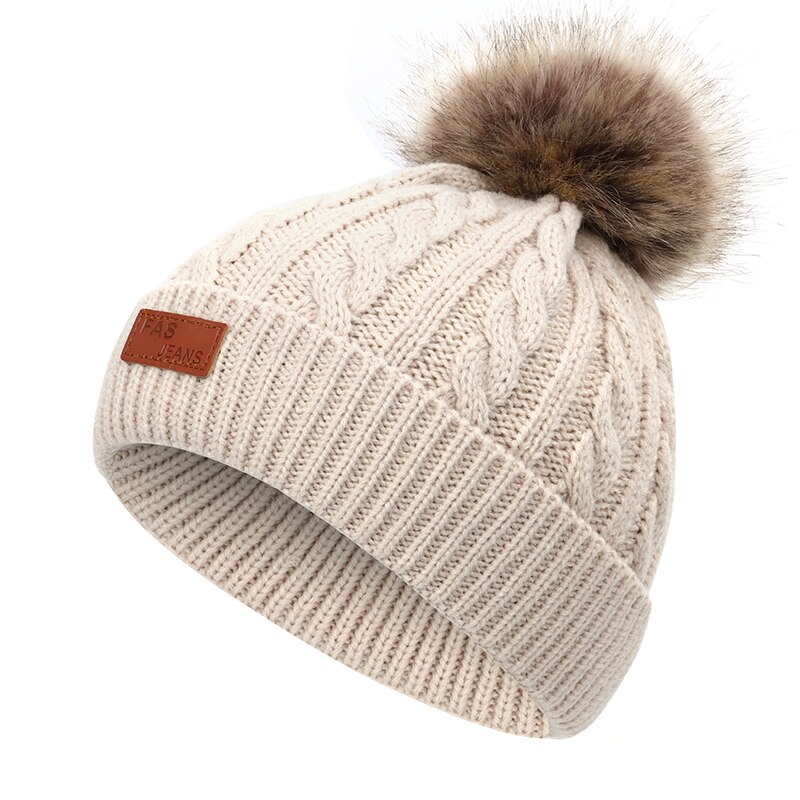 Børns vinterhue drenge og piger pompon læder strik hue varme striber sød sjov baby hat behagelige sombrero ærter: Beige