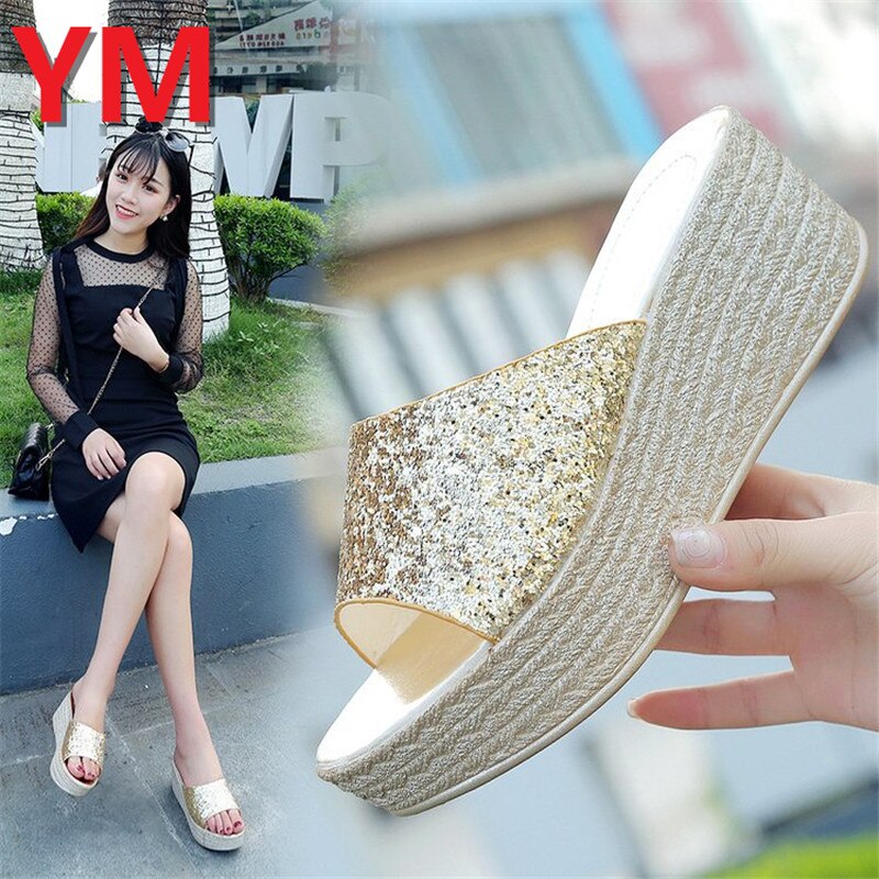 Zomer bling dames slippers rome retro casual schoenen dikke onderkant wig hak open teen sandalen strandschoenen slip on slides dames