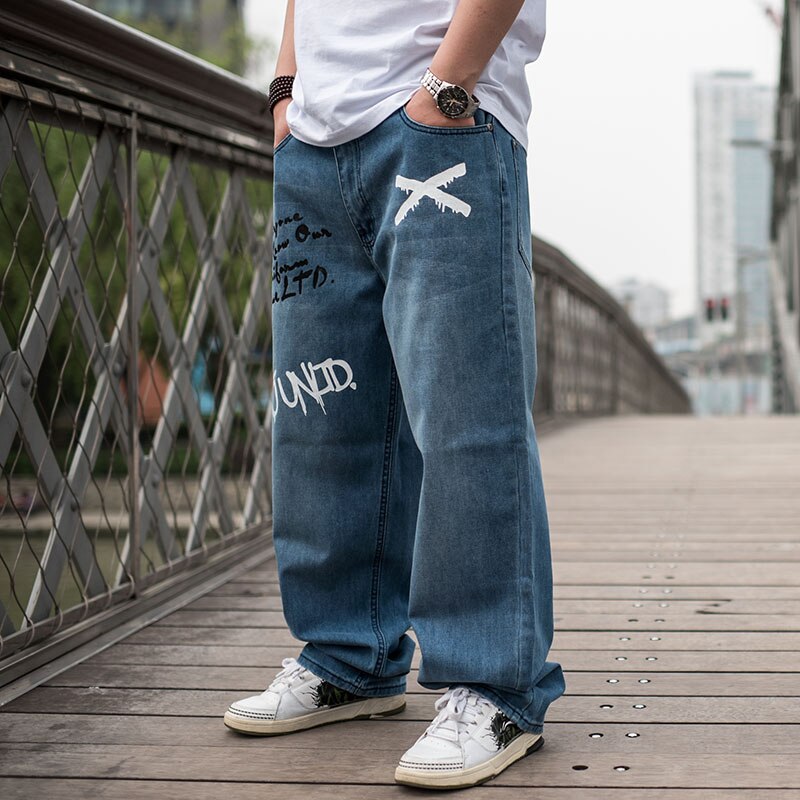 Herre løse baggy jeans bukser efterår vinter plus størrelse hip hop bogstavtryk hip hop jeans mænd brede ben skateboard denim bukser