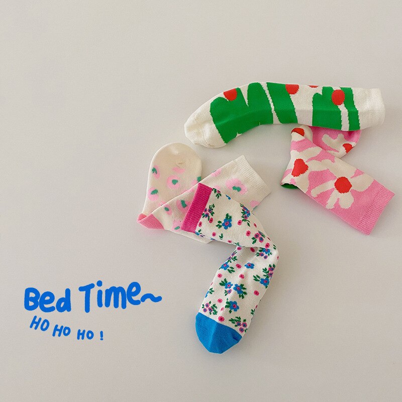 4 paia di calzini per bambini primavera coreana Cartoon fiori stampa neonate calzini sportivi in cotone per bambini di 1-8 anni