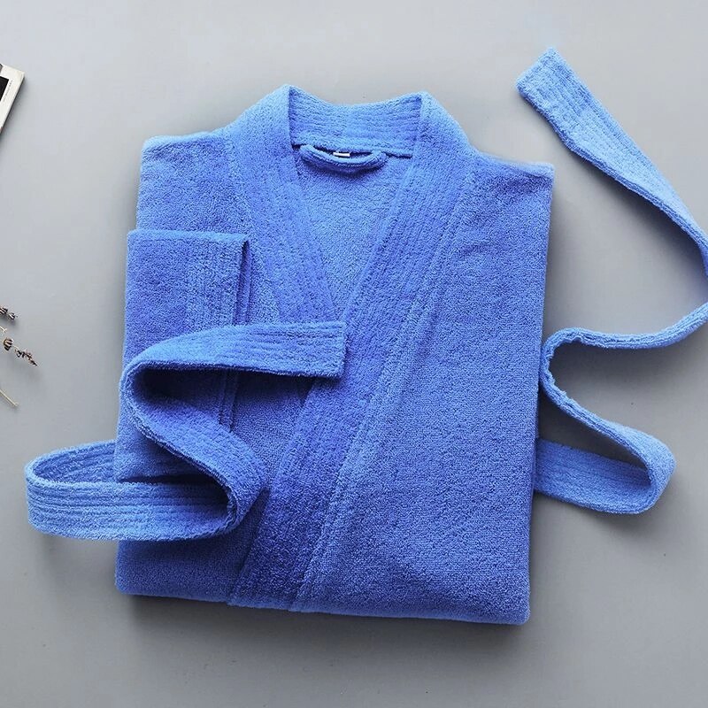 Peignoir 100% coton pour hommes, serviette chaude épaisse, en molleton de coton, robes de chambre longues, hôtel Spa, Robe de demoiselle d&#39;honneur, doux, hiver: Blue / M(160-170cm)