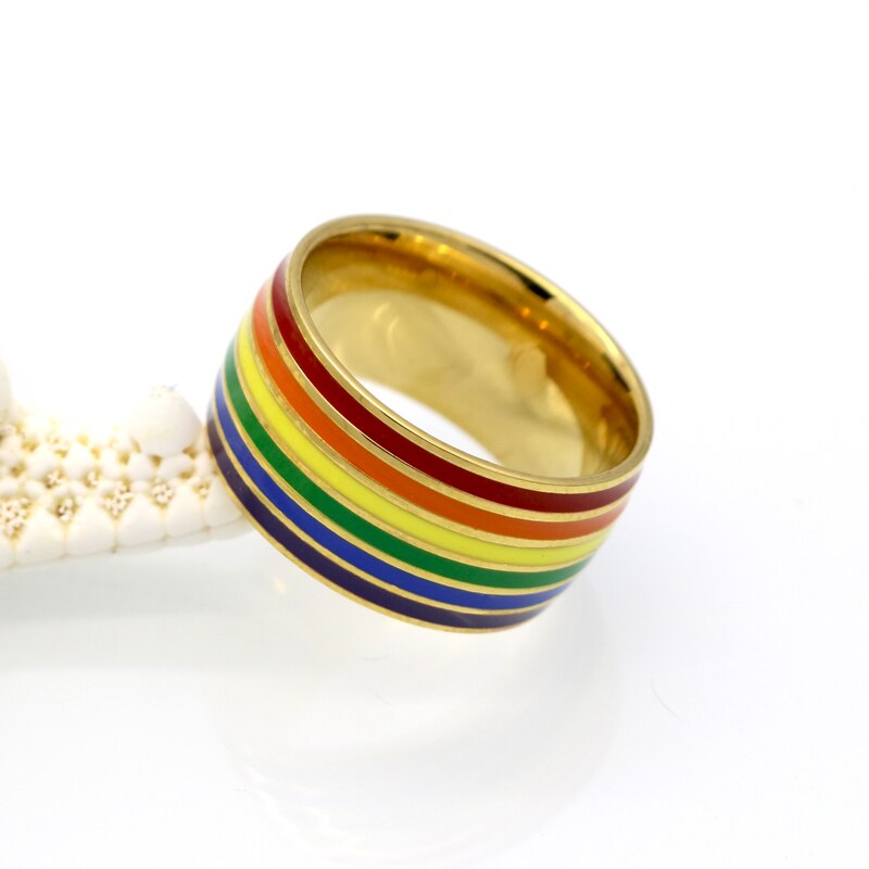 Klassieke heren dames regenboogkleurige ring titanium stalen trouwring ringbreedte 10mm maat 6-12 sieraden