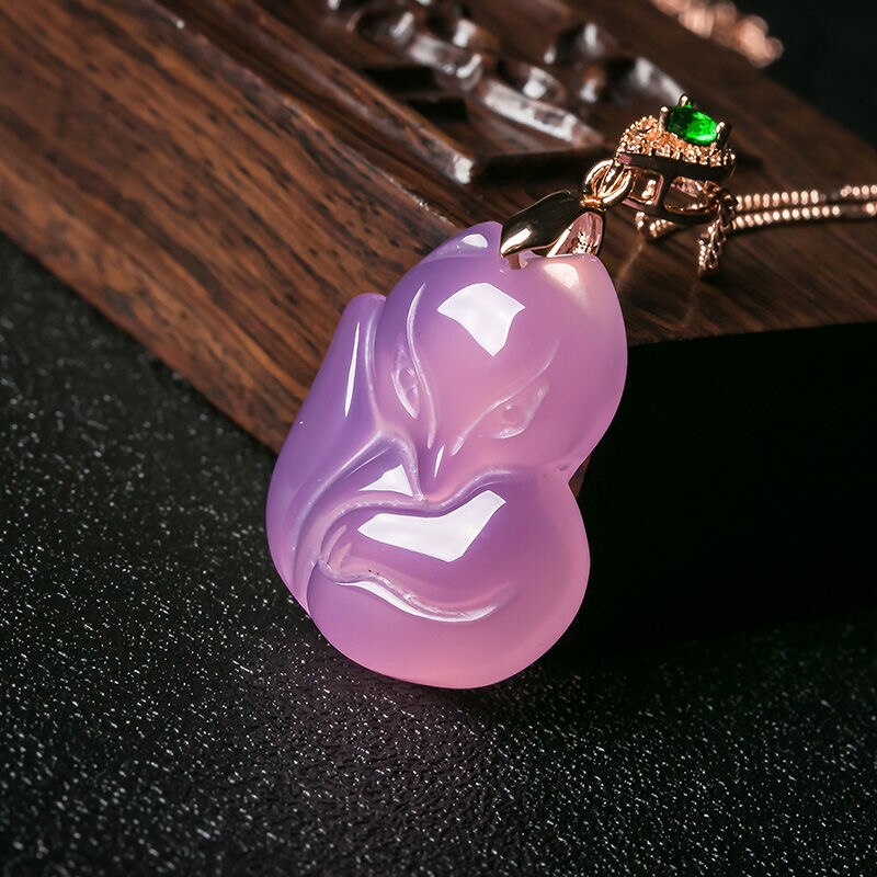 Natural Purple Agate Fox Pendant Necklace Jewellery Accessories Hand-carved Man Woman Lucky Amulet Sweater Chain