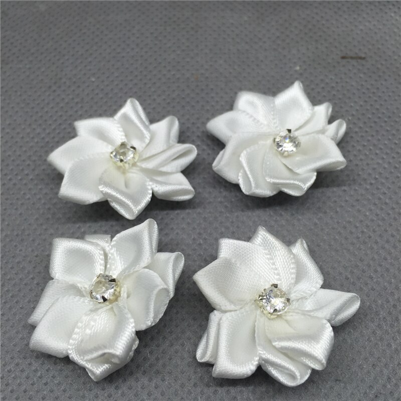 Ruban de fleurs en Satin, 10 pièces, avec des Appliques de perles de cristal, artisanat/garniture, bricolage: white