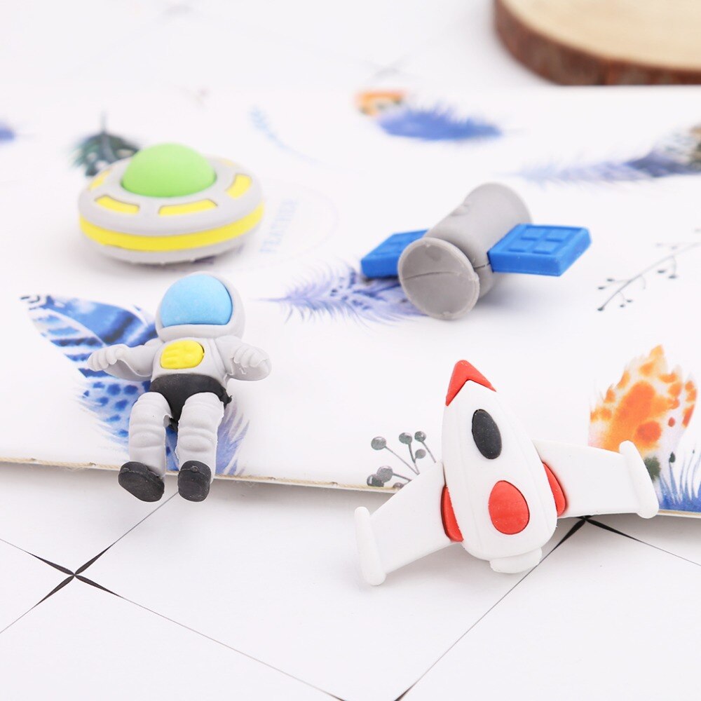4pcs/set Flying Saucer Alien Spaceship Shaped Rubber Pencil Eraser Kids
