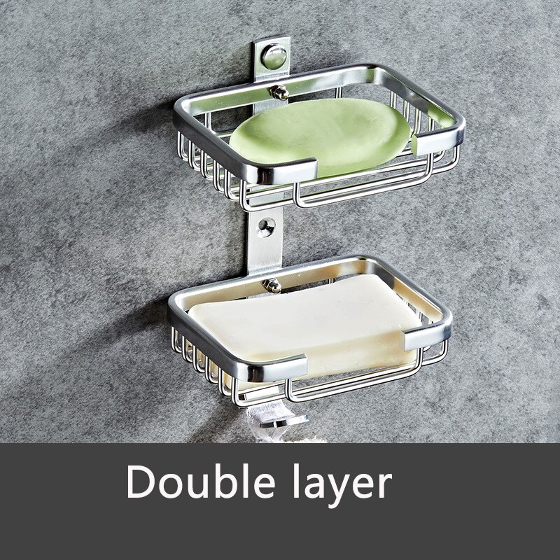 Shower Wall Soap Dish Holder, Wall Mounted Draining Soap Saver for Bathroom Tile - Rectangle Bar Soapdish with Perforation: Two layer-Silver