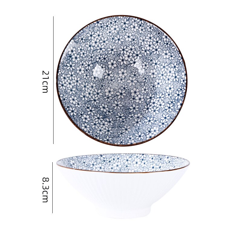 Japanese and Korean 8-inch hat Bowl Ceramic net red ramen bowl household soup bowl large horn bowl underglaze color: black