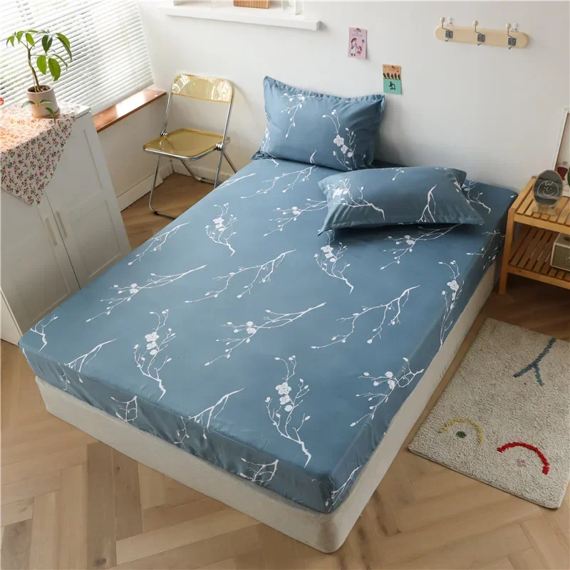 Polyester Print Fitted Sheet with Elastic Band Non Slip Mattress Cover Pillowcase for Single Double Bed 90/120/150/180cm: Twin / DEEP BLUE