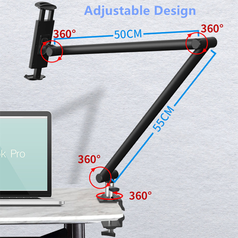 Long Arm Tablet Stand Adjustable Aluminum Tablet Phone Holder Loading Up to 3KG Desk/Bed Bracket for iPhone iPad Pro 4-12.9‘’
