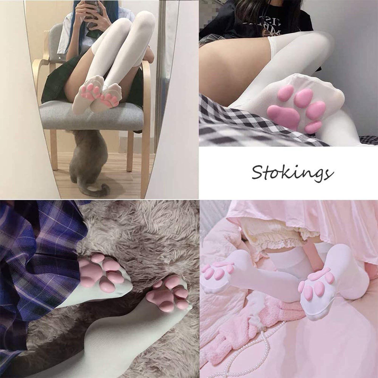 Ladies Latest Cat Paw Socks Kawai 3D Cat Paw Toe Bean Cute Lolita Paws Game Cat Paw Pad Thigh High Socks White Black