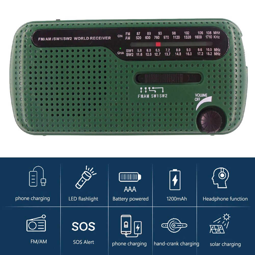 Radio portátil de mano alimentada por dinamo Solar, carga USB, FM, AM, WB, NOAA, multifuncional, meteorológica, con linterna LED, Banco de energía: B Green