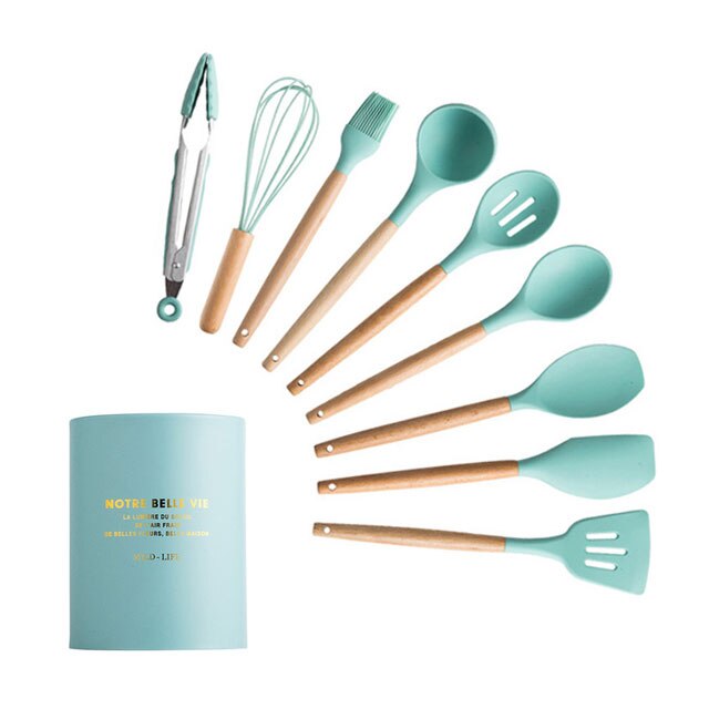 Batterie de cuisine en silicone avec poignée en bois Ensemble de cuisine Ensemble de batterie de cuisine Batterie de cuisine antiadhésive Accessoires de cuisine avec boîte de rangement en acier inoxydable: MINT GREEN-10PCS