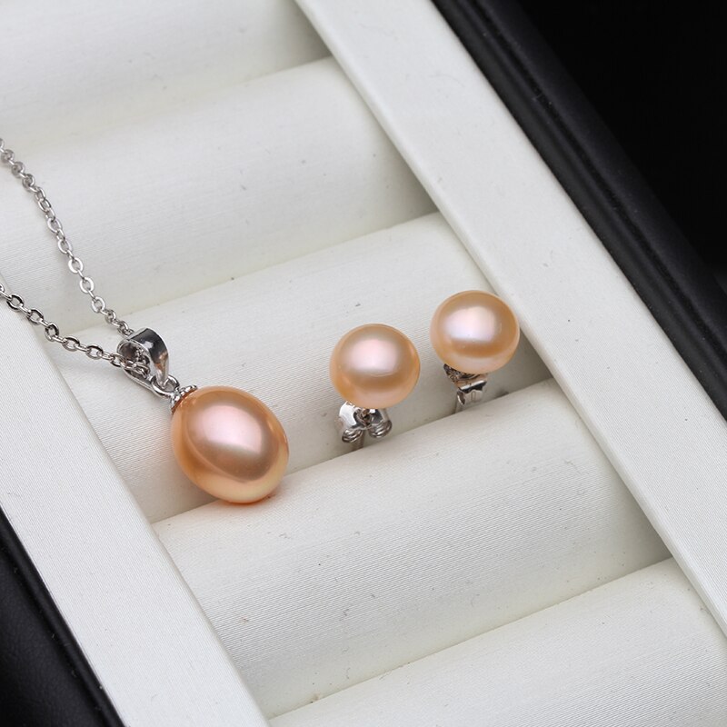 Conjunto de joyas de perlas naturales para boda, collar de perlas de agua dulce, pendientes de tuerca, joyería de plata de ley 925 para mujer: pink pearl set