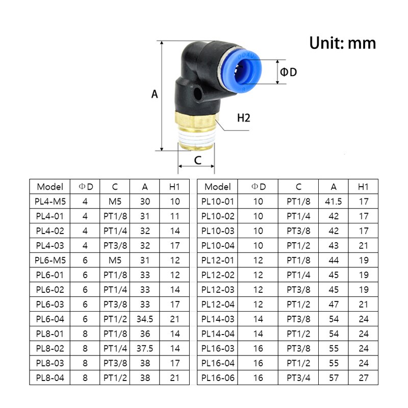 Pl typ  od 4 6 8 10 12mm - 1/8 '' 1/4 '' 3/8 '' 1/2 '' gänga tryck in en tryckskontakt pneumatiska snabbkopplingar