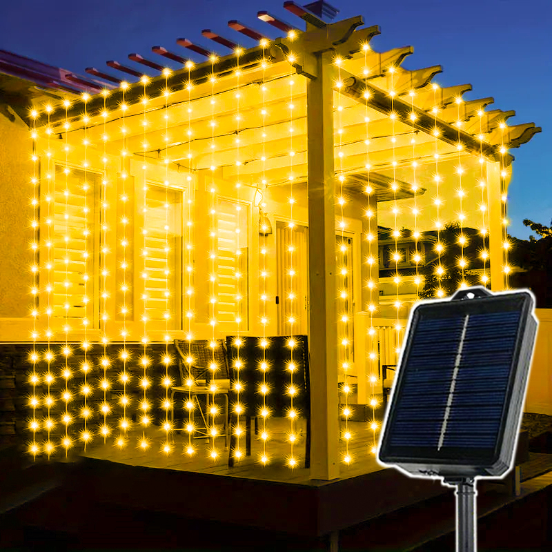 600/300/200/100LED luces de cortina solares luces de hadas al aire libre luces LED decoraciones de boda de Navidad luces de cadena decoración de jardín: Blanco cálido / 16-20 vatios