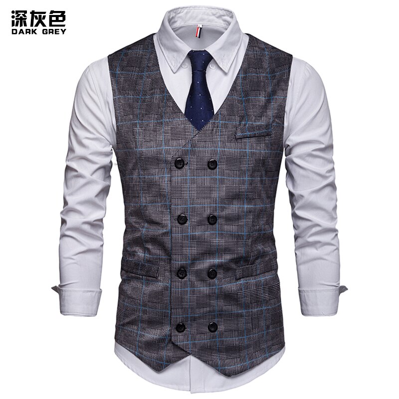 Mænd plaid jakkesæt vest klassisk formel business dobbeltradet slank vest vest social blazer bryllup brudgom vest mænd xxl: Mørkegrå / S