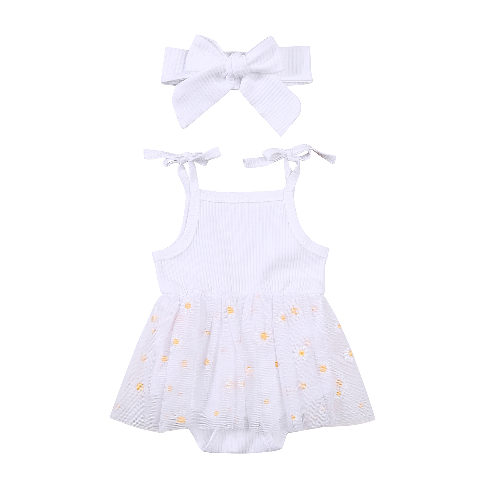 2Pcs Baby Girls Summer Outfits Cute Self Tie Strap Sleeveless Daisy Print Tutu Romper with Headband Set: white / 12M