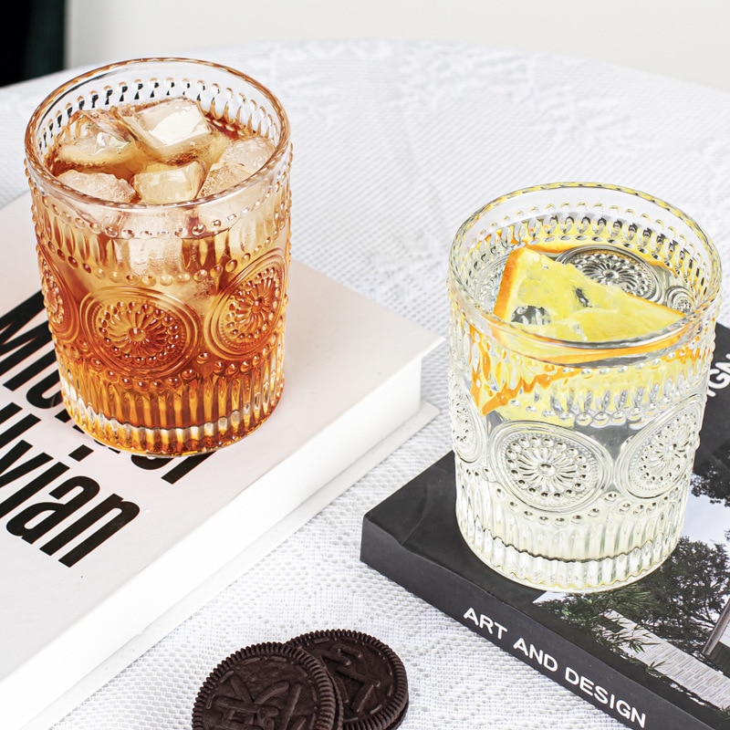 400ml Transparent Glass Water Cup Household Simple Fresh Style Wine Glass Retro Carved Drinking Juice Milk Coffee Beer Glass Cup