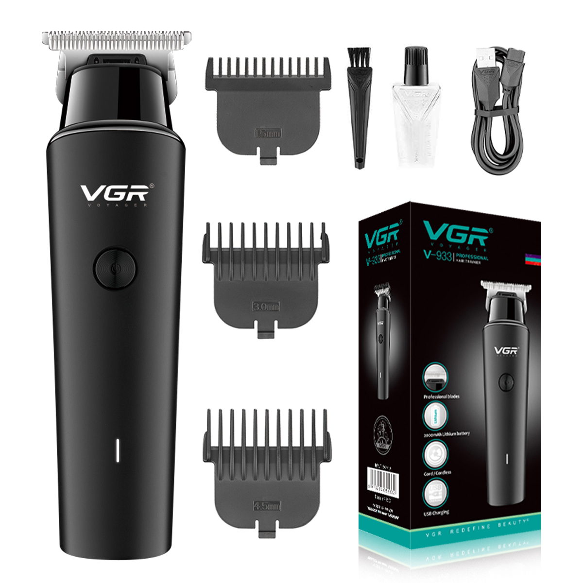 VGR Hair Trimmer Hair Clipper Hair Trimmer Haircut Machine Cordless Electric T-Blade Zero Cutting Machine V-933: black