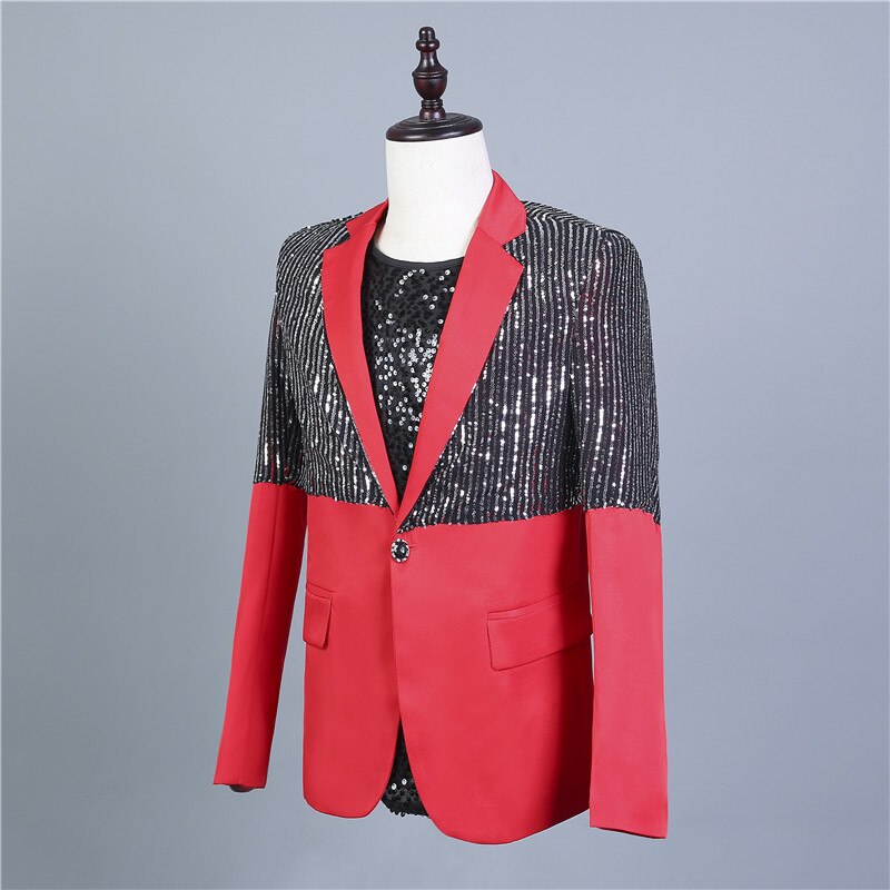 Réflecteur rouge noir épissage Costume veste hommes paillettes Blazers scène vêtements Bar discothèque DJ chanteur hôte Performance Costume
