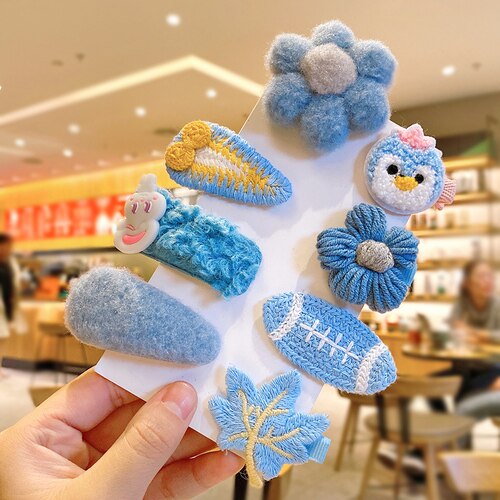 Newest 1set Winter Girls Cartoon Fruit Cashmere Faux Fur Soft Hairpins Sweet Children Hair Clips Kid Hair Accessories: bule flower-8 Pcs