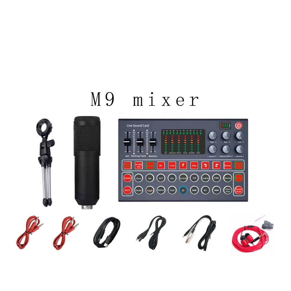 Conjunto de tarjeta de sonido para DJ, micrófono condensador mezclador de Audio, soporte USB, Karaoke, OKKTV, grabación en vivo, V8S, BM800: 1sets M9